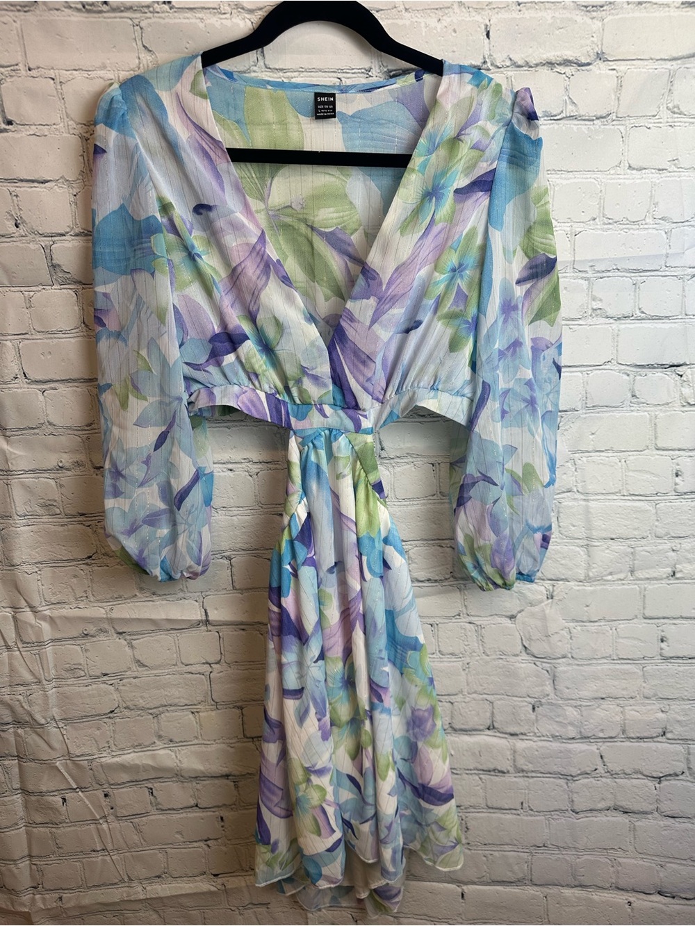 Shein Pastel Floral Tie-Front Midi Dress in Light Blue & Lavender